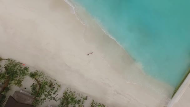 一个女孩躺在马尔代夫岛上的海滩上 蓝色的海水和绿色的植被 无人机从上面发射 — 图库视频影像