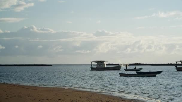 Pescador Topo Barco Jogando Rede Pesca Elenco Água Câmera Lenta — Vídeo de Stock