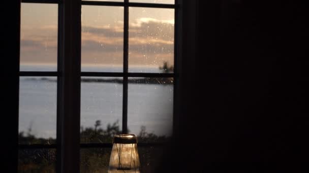 View Nordic Hiking Cabin Window Sea Sunset Sky — Stock Video