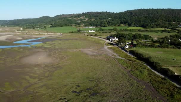 Flygfoto Traeth Coch Natursköna Salt Sumpmark Landskap Vid Solnedgången Panorering — Stockvideo