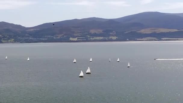 Yachter Och Segelbåtar Cruising Menai Strait North Wales Snowdonia Bergskedja — Stockvideo