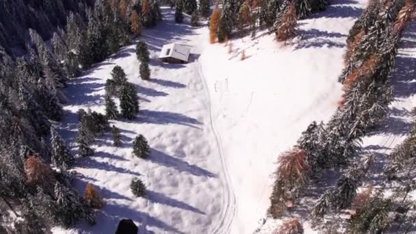 Val Gardena Vallei Met Afgelegen Berghutten Tijdens Het Winterseizoen Antenne — Stockvideo
