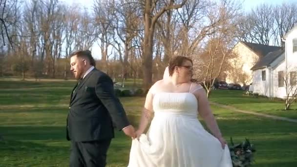 Feliz Pareja Boda Tomados Mano Caminando Durante Atardecer Jardín — Vídeo de stock