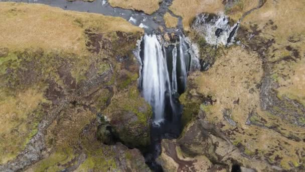 Flygfoto Gljufrabui Bredvid Seljlandsfoss Island Top Shot Bakåt Och Stor — Stockvideo