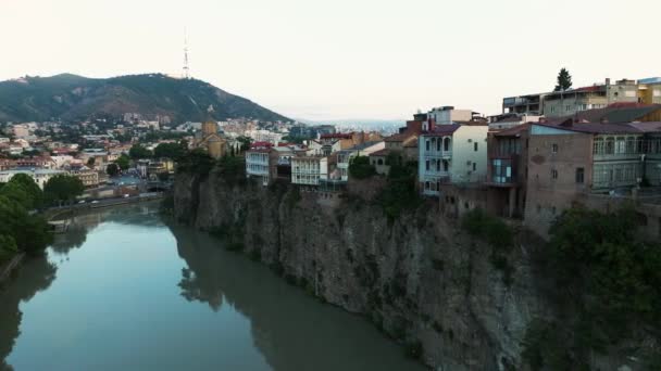 Old Town Tbilisi Mtkvari River Caucasus Sunrise Georgia Aerial Shot — Stock Video