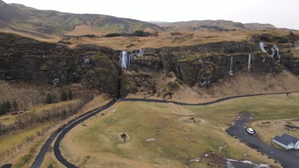 Aerial Shot Gljufrabui Next Seljlandsfoss Iceland Large View Panning Shot — Stock Video