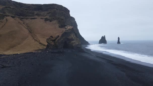 Pilar Basalto Playa Arena Negra Reynisfjara Tiro Aéreo Playa Islandia — Vídeo de stock