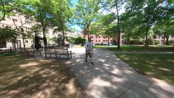 Man Från Vänster Till Höger Gående Vid Staty — Stockvideo