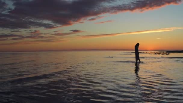 Günbatımında Sığ Deniz Yalnız Kadın Yürüyor Sevileni Arzuluyor — Stok video