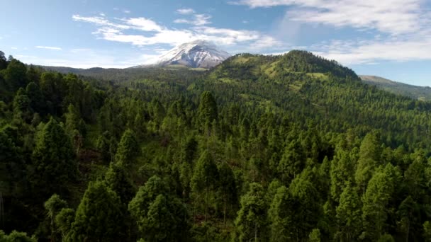 メキシコ市のポポカテペトル火山の雪の上とそれを取り囲む緑豊かな森林を示す逆ドローンショット — ストック動画