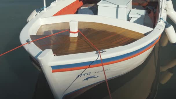 Carvel Built Traditional Greek Fishing Boat Beautiful Varnished Bow Planking — Stock Video