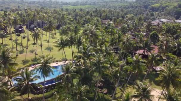 태국의 호화롭고 리조트의 사진에는 날놀라운 수영장 과많은 야자나무와 방갈로 있습니다 — 비디오