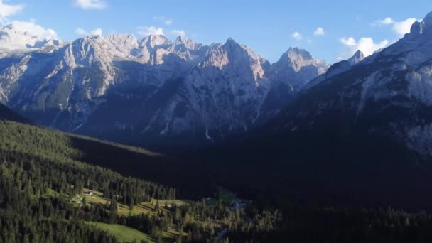 旋转的4K无人驾驶飞机拍摄了白云石上一个美丽的山谷 那里长满了松树 背景是意大利北部山脉和岩石形成的绝佳景观 — 图库视频影像
