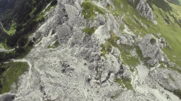 高山の鳥の目の空中11Er Stubai オーストリア 草やハイキングコースと石の形成 晴れた日には背景に高山の山の風景や谷を明らかに傾斜 — ストック動画