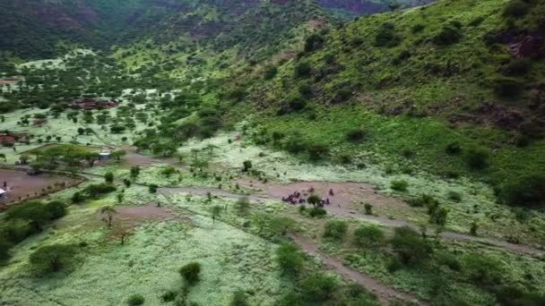 Safari Motorradreisen Rund Den Natronsee Tansania Drohnenschuss Aus Der Luft — Stockvideo