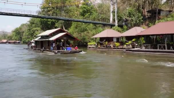 Very Charming Wooden Floating House Sailing Bridge Passing Small Floating — Stock Video