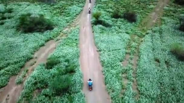 Fahrer Bei Safari Motorradtouren Kenia Unterwegs Drohne Beschossen — Stockvideo