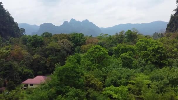 在位于东南亚泰国的高须国家公园的树木 村庄和丛林景观之上飞行 其背景是岩石形成的 — 图库视频影像