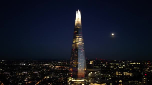 Panning Shot Shard London Night View Drone Aerial Moon Background — Stock Video