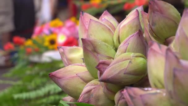 市场上大量的莲花正在被出售 市场名是Mallik Bazar或Jagannath Ghat — 图库视频影像