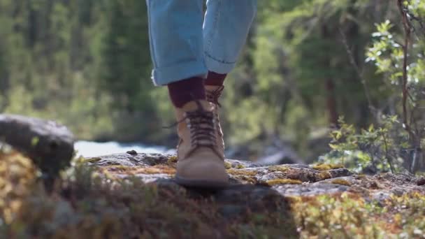 Zblízka Záběr Člověka Pěší Turistiku Lese Zpomalení — Stock video