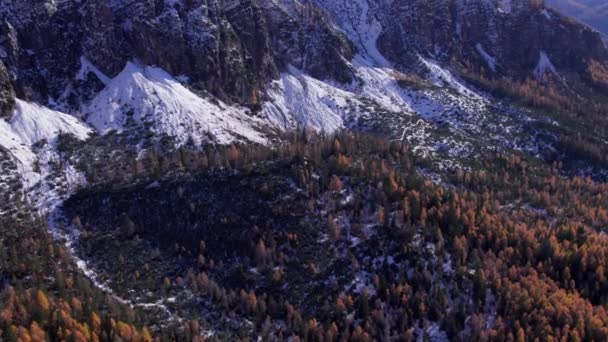 Escénica Pared Del Acantilado Montaña Cubierta Nieve Con Bosque Pinos — Vídeos de Stock