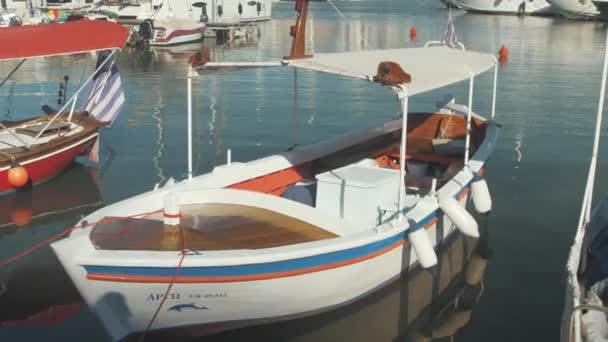 Carvel Built Traditional Greek Fishing Boat Beautiful Varnished Bow Wide — Stock Video