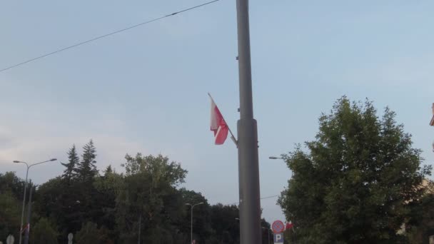 Bela Bandeira Vermelha Branca Polonês Sendo Acenada Pelo Vento Coração — Vídeo de Stock