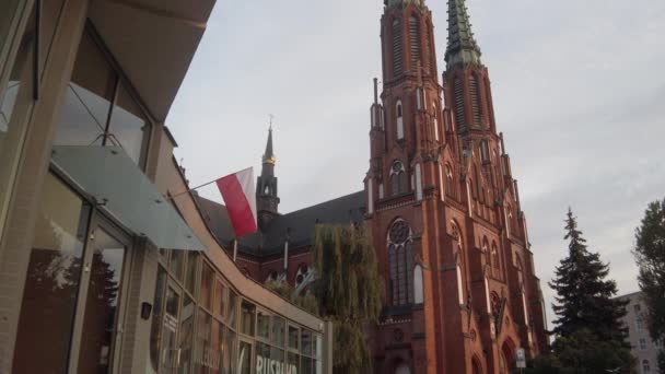 Polską Flagę Powiewa Wiatr Przed Katedrą Warszawie — Wideo stockowe
