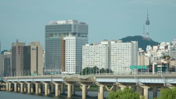 Trafic Sur Pont Mapo Dessus Rivière Hangang Avec Vue Sur — Video