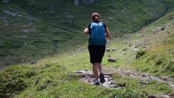 Eine Junge Frau Wandert Den Bergen Neben Blühenden Wiesen Schweizer — Stockvideo