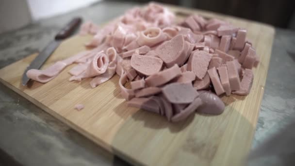 Chopped Sausage Ham Wooden Board — Stock Video