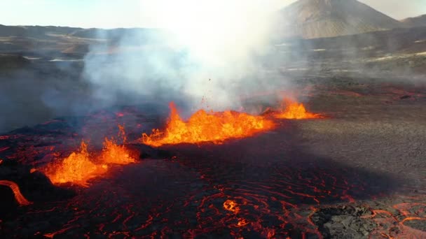 Kokande Och Bubblande Lavafloden Vulkanutbrottet Fagradalsfjall Island Drönarskott — Stockvideo