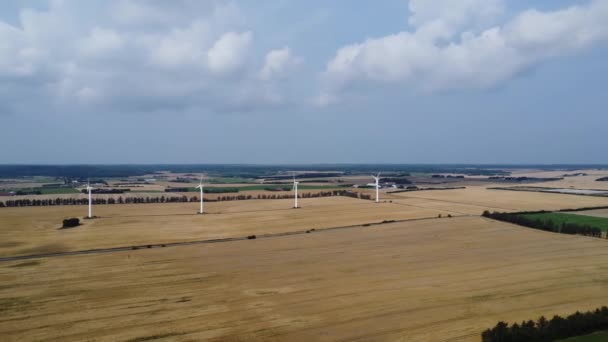 背景に空に美しい雲がある牧草地にある4つの風力タービン ドローン熱 — ストック動画