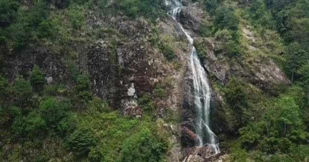 Establishing Ascending Aerial Shot Waterfall Reveals Dam Top Mountain Sapa — Stock Video