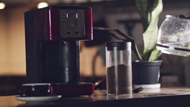 Woman Uses Coffee Pot Pour Water Coffee Machine Morning Coffee — Stock Video