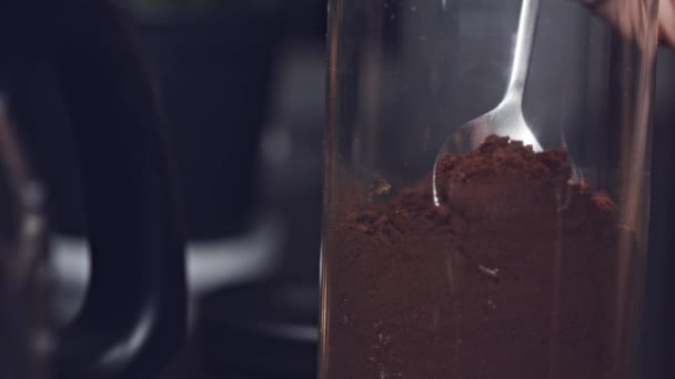 Woman Uses Spoon Scoop Fresh Coffee Grounds Morning Coffee Extreme — Stock Video