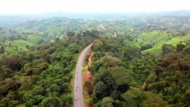 Vista Aérea Impresionante Carretera Asfalto Medio Selva Tropical Con Motocicletas — Vídeos de Stock