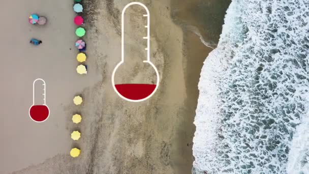 Yaz Sıcaklığı Termometre Animasyonu Okyanus Kumlu Sahilinde Şemsiyenin Üst Kısmı — Stok video
