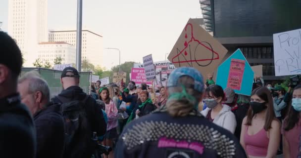 プロの抗議者の群衆はダウンタウンの中絶権利集会でサインを保持しています — ストック動画