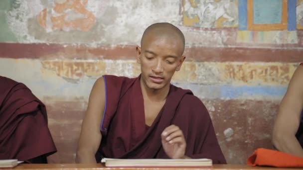 Joven Monje Calvo Budista Leyendo Oración Tripitaka Monasterio Thiksey Plano — Vídeo de stock