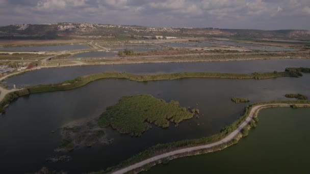 山のふもとの自然湖の端に魚の池の植生と島のパララックスした空中ビュー 広大で緑の自然保護区 — ストック動画