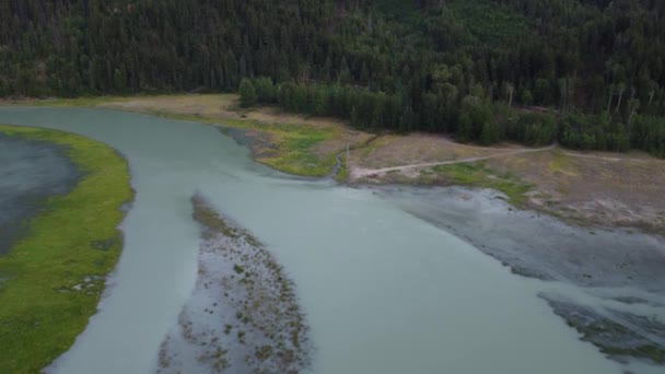 Aerial Drone Wide Soo River Lone Red Car Wilderness Canada — стокове відео