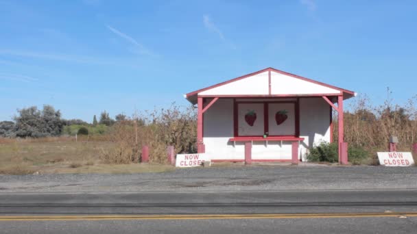 カリフォルニア州ビュート郡の閉鎖された道端の果物のイチゴの屋台でトラックが運転する 背景には青空と農地が広がる白い建物です — ストック動画