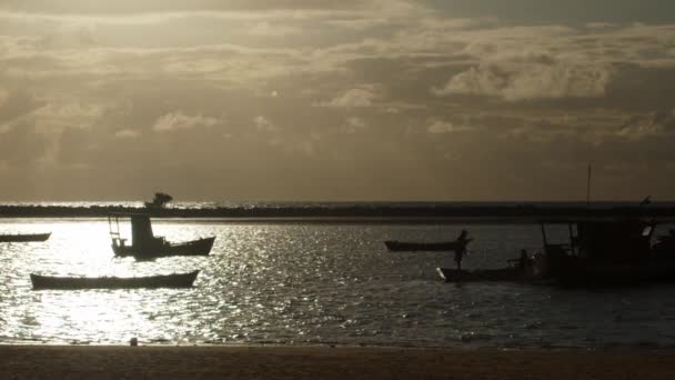 金光闪闪的时刻 在一个满是抛锚小船的小海湾里 两个男人坐在划船上的轮廓 超级慢动作 — 图库视频影像