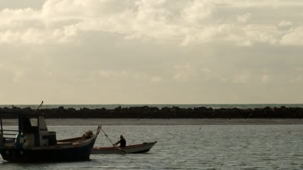 Silhouette Deux Hommes Sur Bateau Rames Dans Une Petite Baie — Video