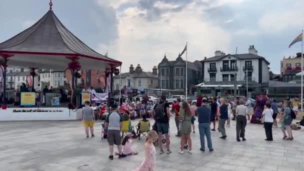 Groep Senioren Bespeelt Muziekinstrumenten Zingt Voor Een Menigte Bij Bray — Stockvideo