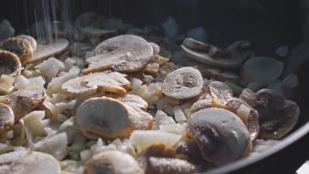 Sauteing Mushroom Onion Pan Sprinkled Seasoning Spices 가까이 — 비디오