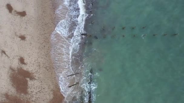 Съемка Воздуха Сверху Вниз Морских Укреплений Сторону Пляжа Волнами Падающими — стоковое видео