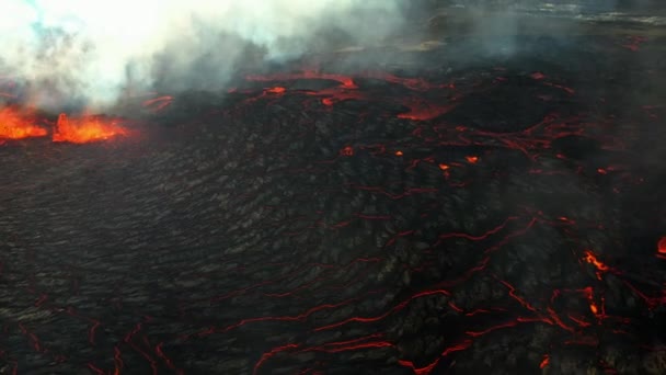 Dron Shot Lava River Vařící Magma Kouř Během Fagradalsfjall Sopky — Stock video